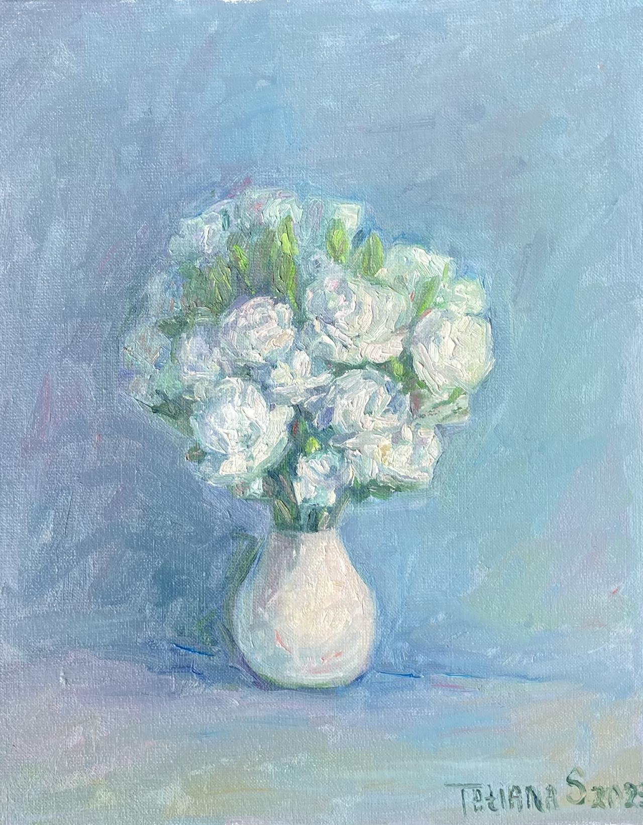 White Flowers on Blue Background